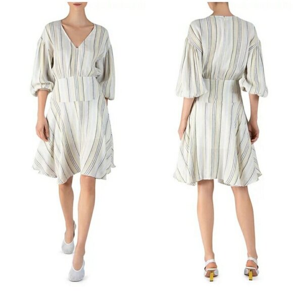 💕ATM💕 Asymmetric Striped Linen Viscose Blend Dress ~ Ivory Multi-Color Print 6 - Picture 5 of 15